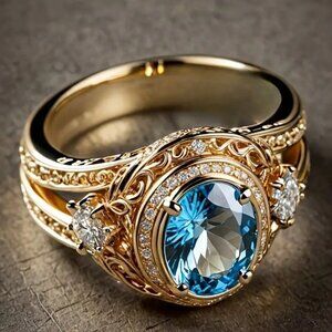 Elegant Golden Ring with Sparkling Blue Cubic Zirconia. Color Golden.
